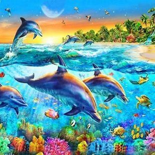 Набір Алмазна мозаїка вишивка Сім'я дельфінів море риф риба на підрамнику повна 5d 30х30 189468 фото