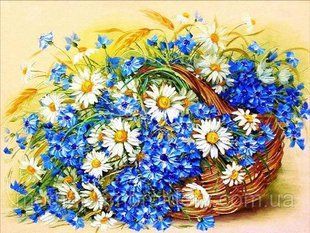 Набір алмазної мозаїки вишивки Ромашки та волошки в кошику квіти повна викладка мозаїка 5d набори 30х40 HH01061 фото