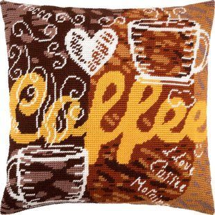 Набір для вишивки подушки напівхрестом страмін з пряжею Кава напис Coffee чашки серце кавова тема для кухні 40х40 см V-231 V-231 фото
