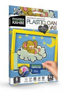 Вышивка на пластиковой канве с багетной рамкой Danko Toys Plastic Canvas: Мышонок на облаке мулине Canvas-4 фото