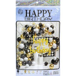 Набір повітряних куль Фотозона Арка Чорна з золотом Хром Гірлянда Happy Birthday напис 108 шт M1277 M1277 фото